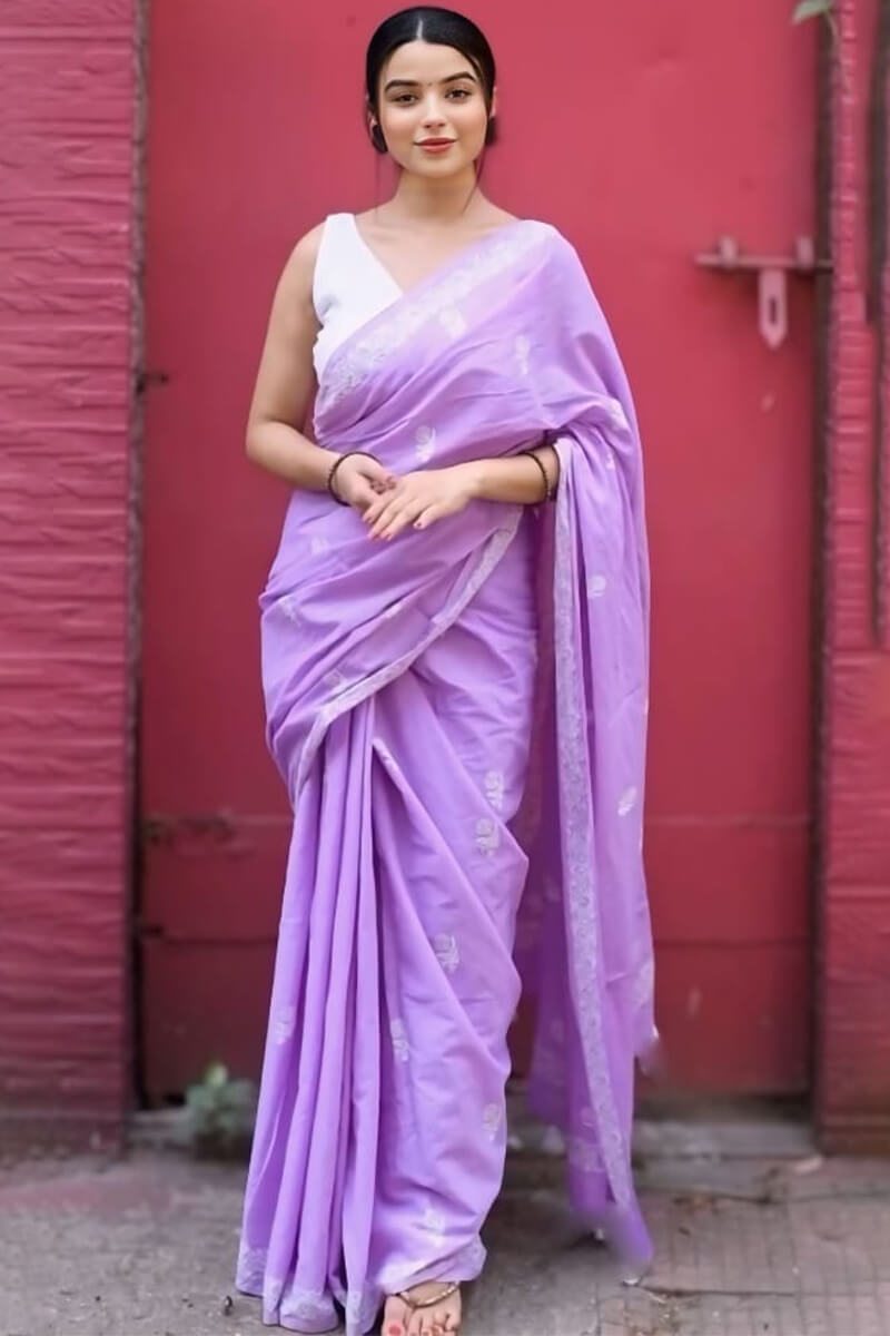 Adorable 1 Minute Ready To Wear Lavender Mul Cotton Digital Printed Saree With Pocket