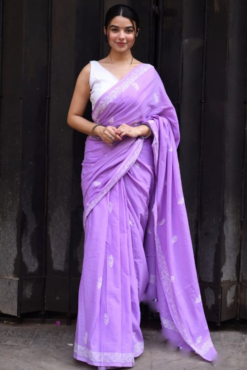 Adorable 1 Minute Ready To Wear Lavender Mul Cotton Digital Printed Saree With Pocket