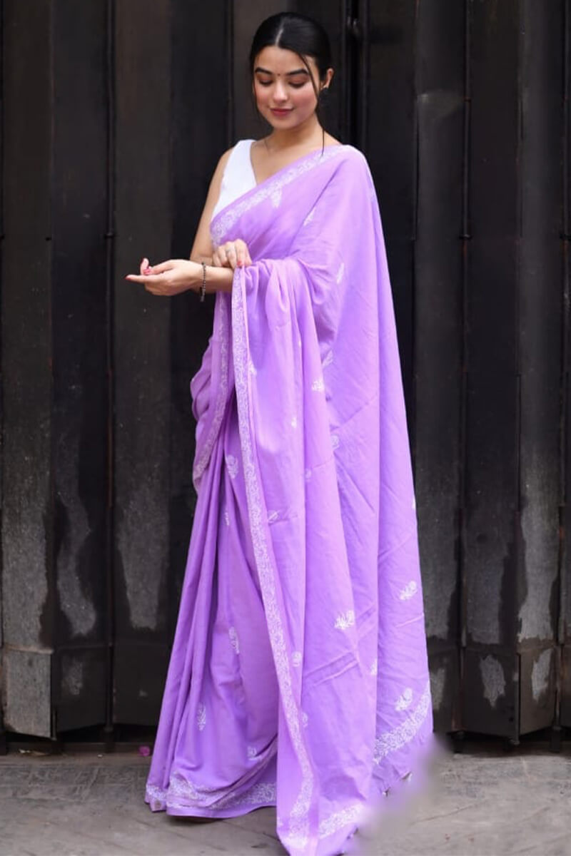 Adorable 1 Minute Ready To Wear Lavender Mul Cotton Digital Printed Saree With Pocket