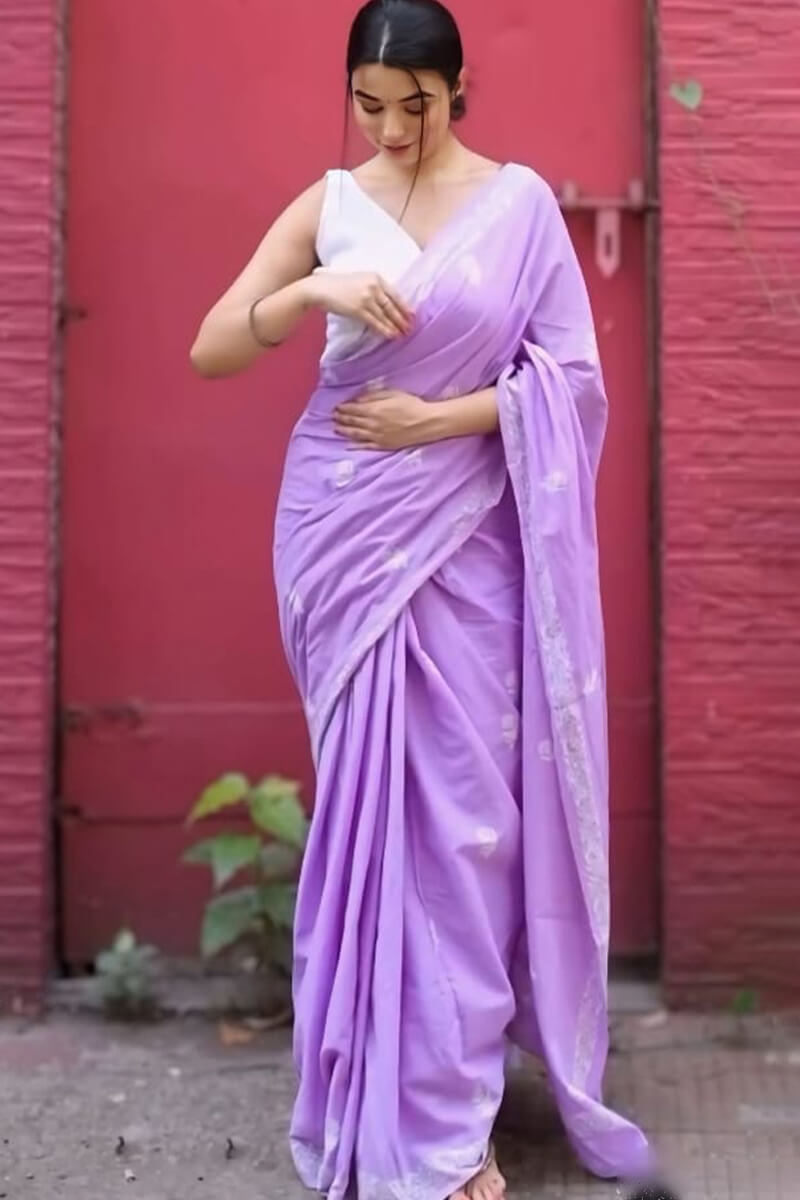 Adorable 1 Minute Ready To Wear Lavender Mul Cotton Digital Printed Saree With Pocket
