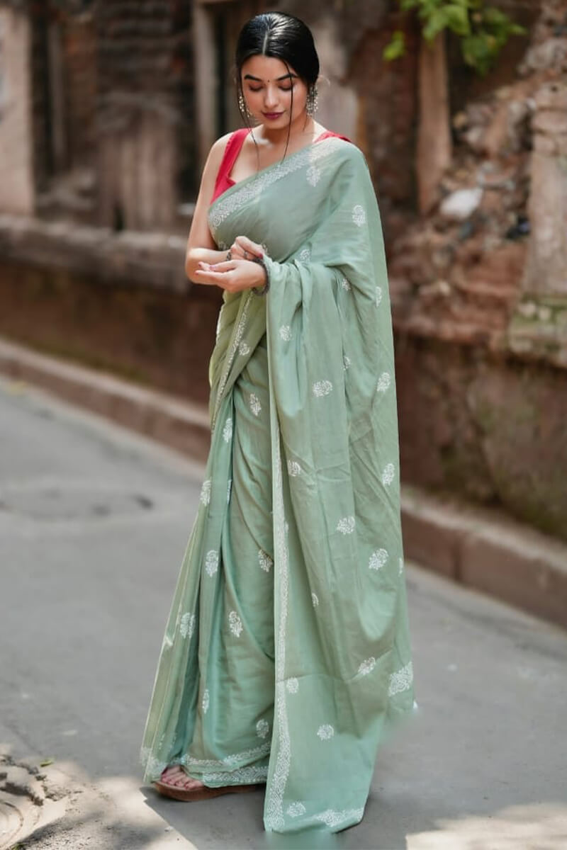 Demesne 1 Minute Ready To Wear Pista Mul Cotton Digital Printed Saree With Pocket