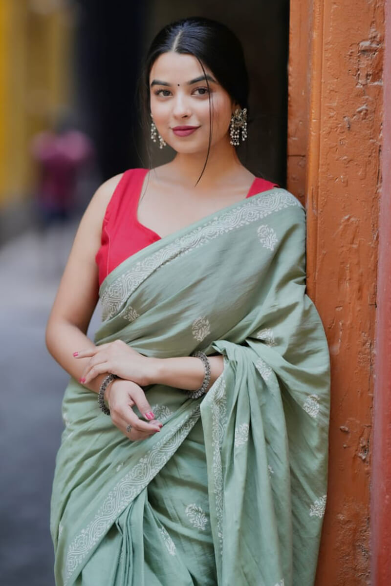 Demesne 1 Minute Ready To Wear Pista Mul Cotton Digital Printed Saree With Pocket