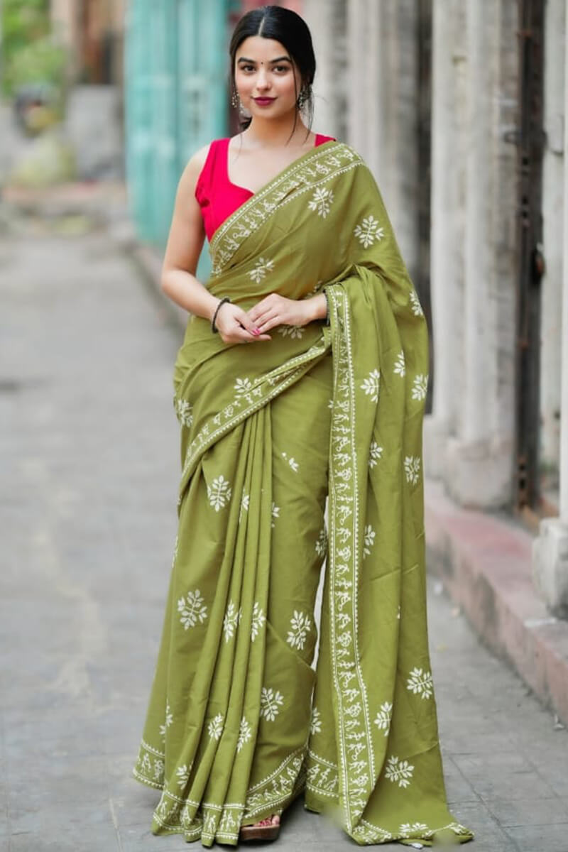 Inimitable 1 Minute Ready To Wear Green Mul Cotton Digital Printed Saree With Pocket
