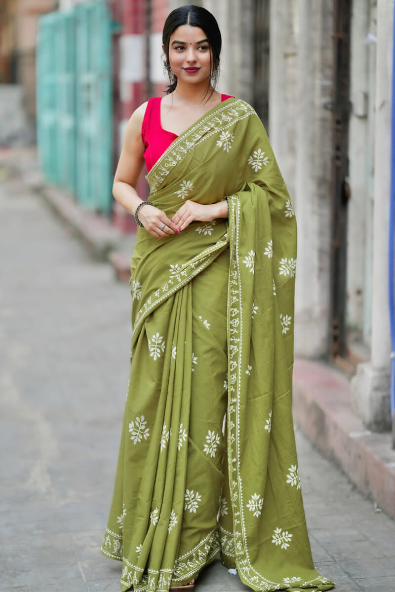 Inimitable 1 Minute Ready To Wear Green Mul Cotton Digital Printed Saree With Pocket