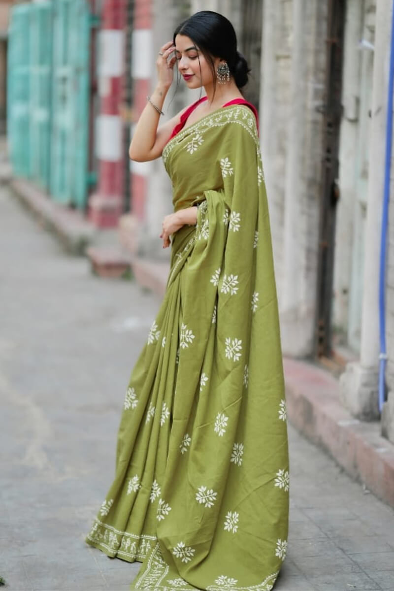 Inimitable 1 Minute Ready To Wear Green Mul Cotton Digital Printed Saree With Pocket