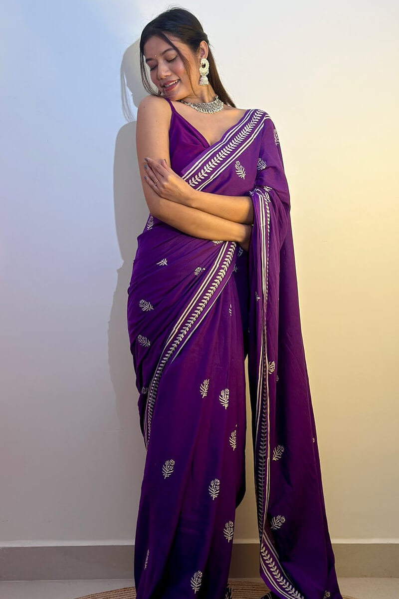 Classy 1 Minute Ready To Wear Purple Mul Cotton Digital Printed Saree With Pocket
