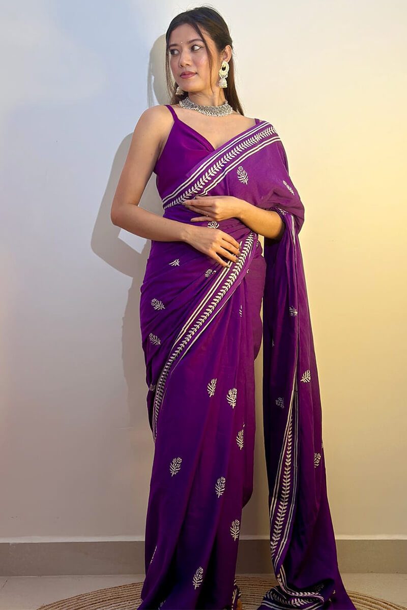 Classy 1 Minute Ready To Wear Purple Mul Cotton Digital Printed Saree With Pocket