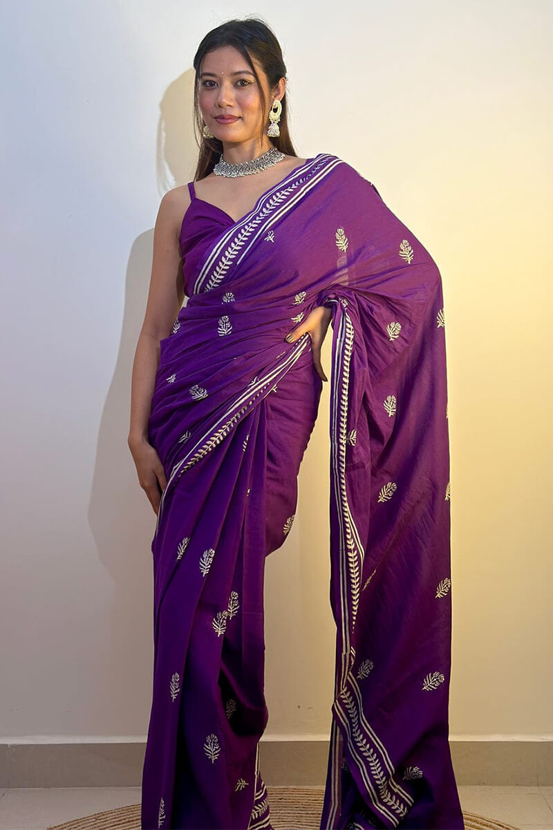 Classy 1 Minute Ready To Wear Purple Mul Cotton Digital Printed Saree With Pocket