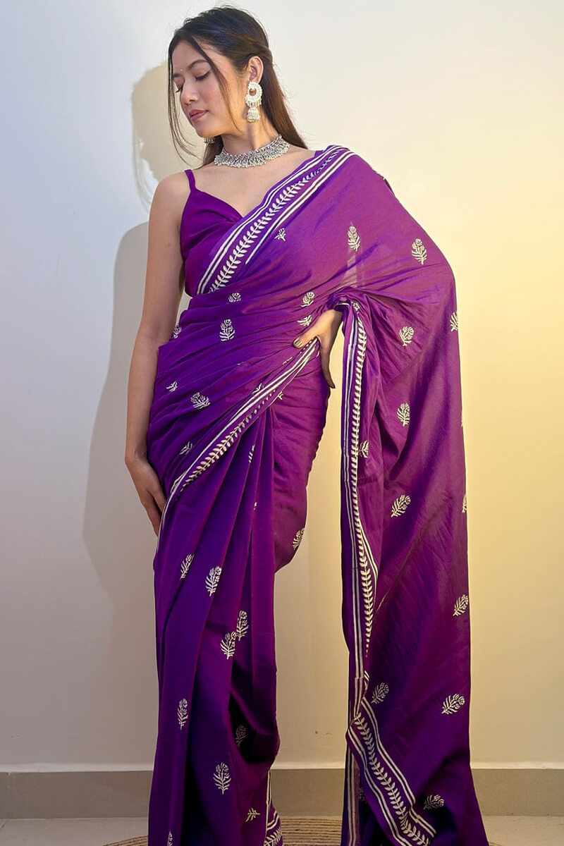 Classy 1 Minute Ready To Wear Purple Mul Cotton Digital Printed Saree With Pocket