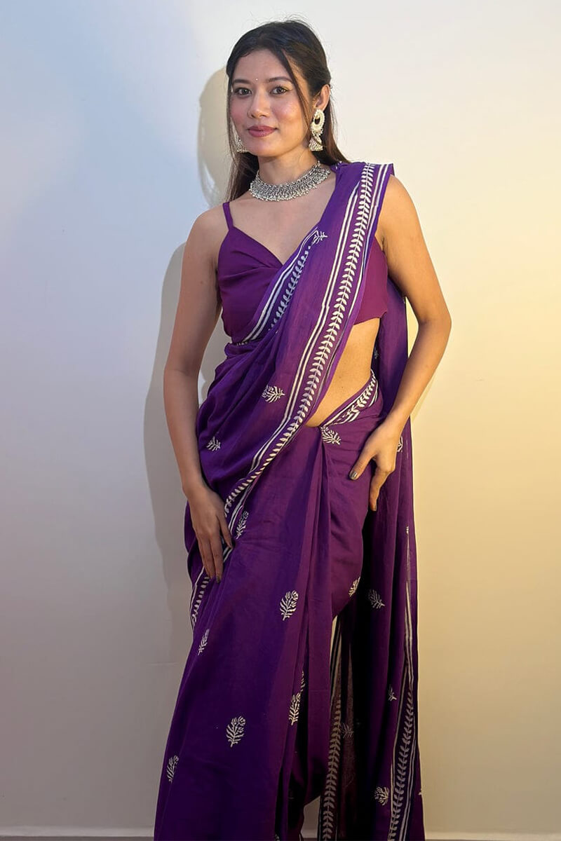 Classy 1 Minute Ready To Wear Purple Mul Cotton Digital Printed Saree With Pocket