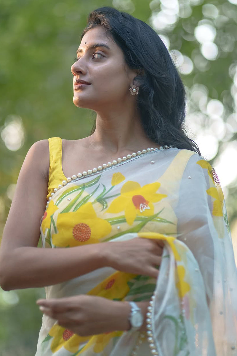 Chatoyant 1-Minute Ready To Wear Off White Organza Silk Saree