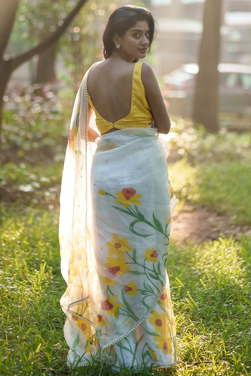 Chatoyant 1-Minute Ready To Wear Off White Organza Silk Saree