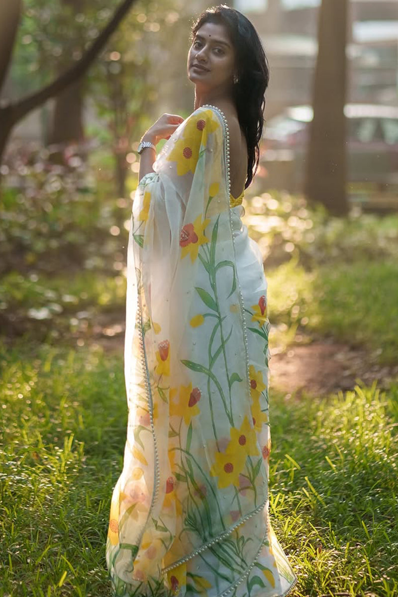 Chatoyant 1-Minute Ready To Wear Off White Organza Silk Saree