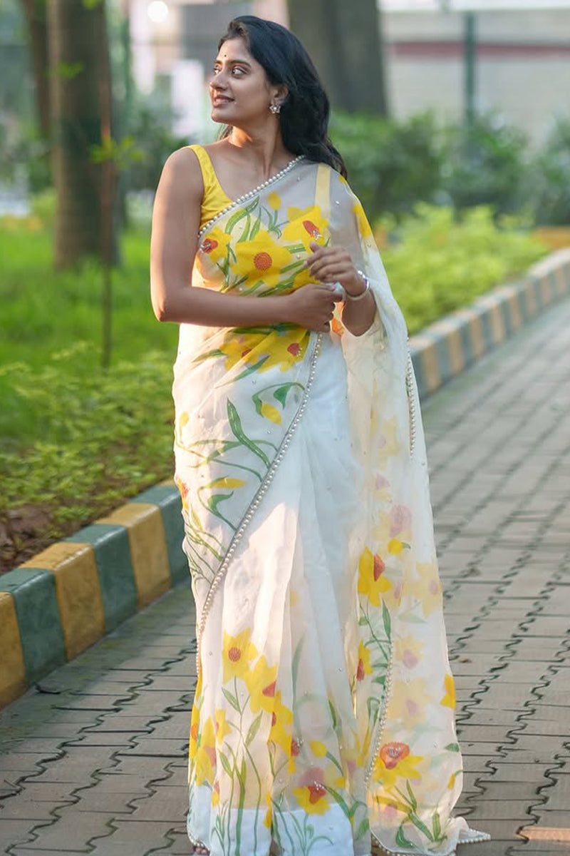 Chatoyant 1-Minute Ready To Wear Off White Organza Silk Saree