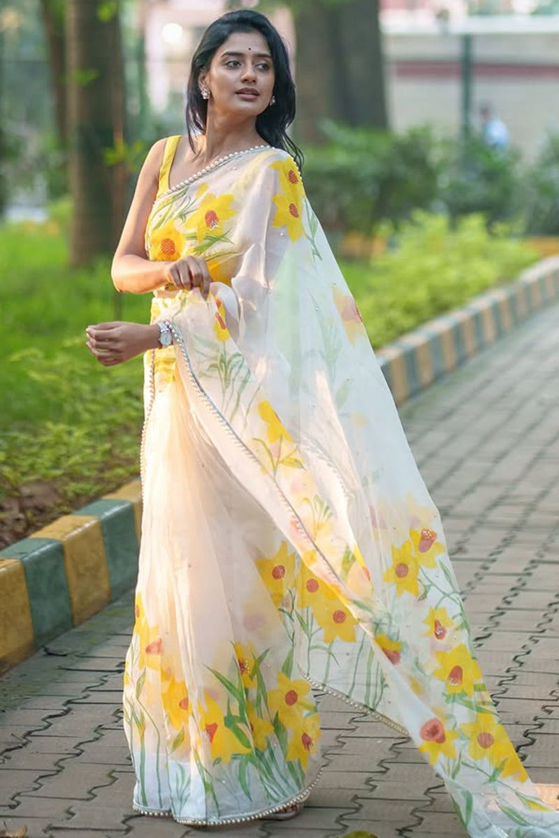 Chatoyant 1-Minute Ready To Wear Off White Organza Silk Saree