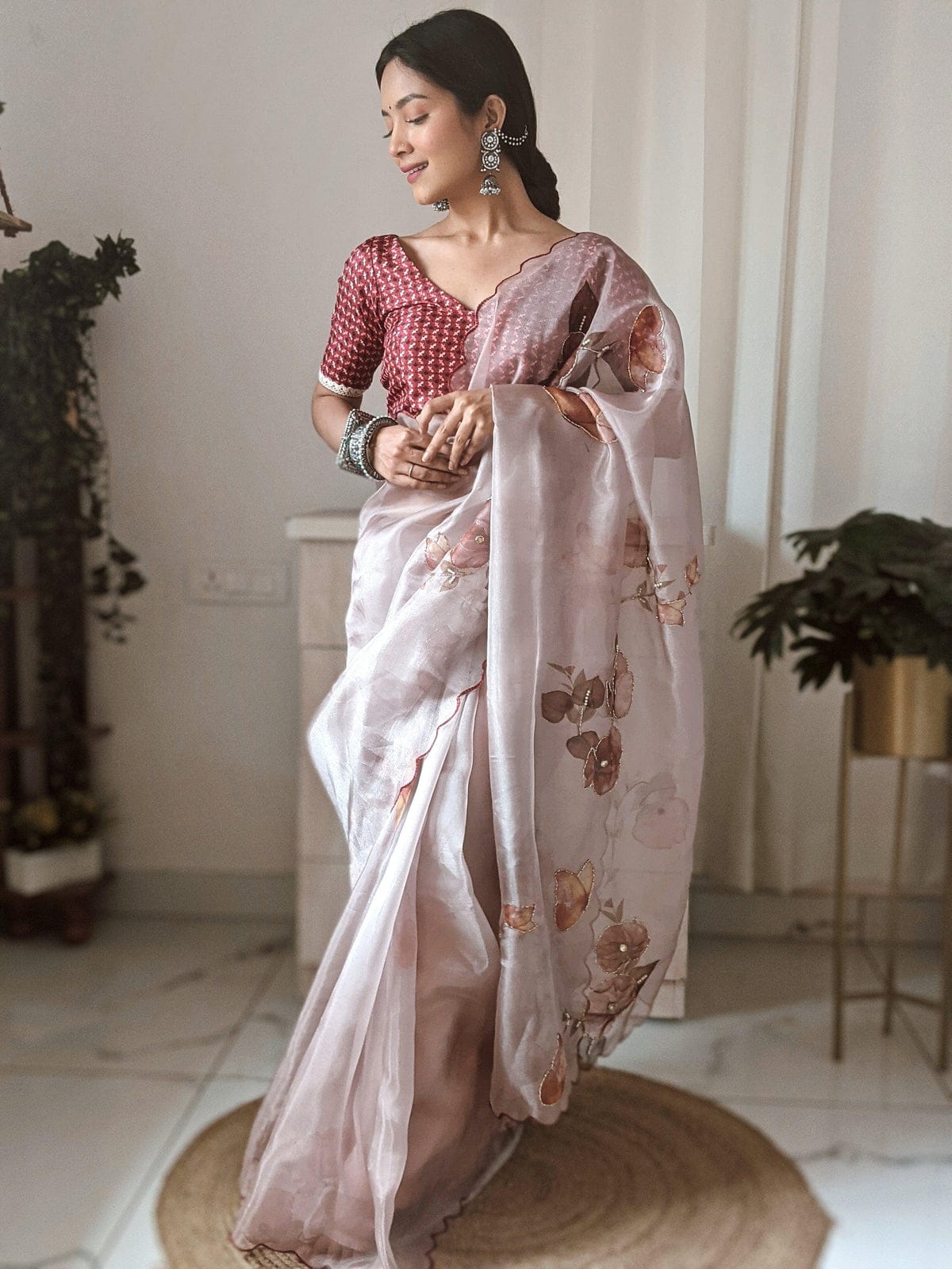 Resonant 1-Minute Ready To Wear Baby Pink Organza Silk Saree