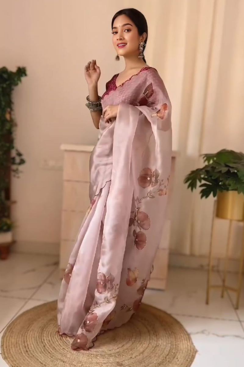 Resonant 1-Minute Ready To Wear Baby Pink Organza Silk Saree