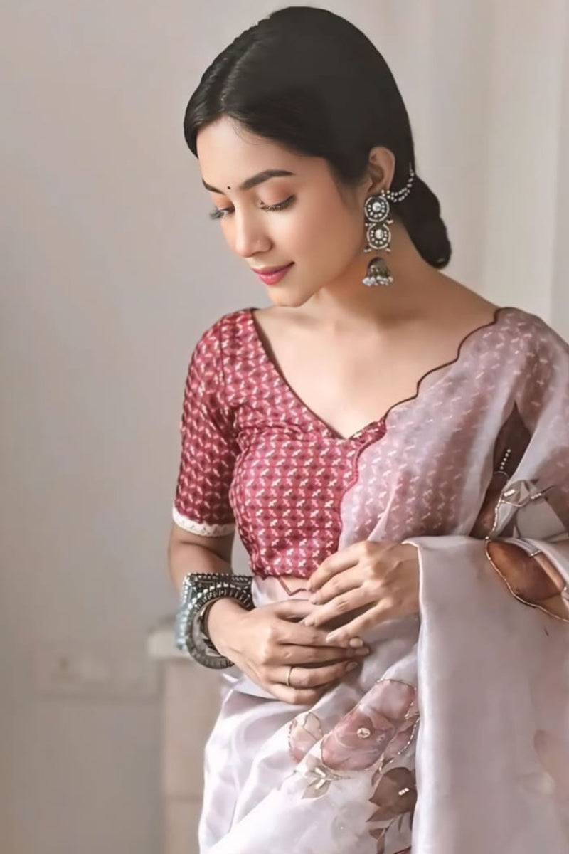 Resonant 1-Minute Ready To Wear Baby Pink Organza Silk Saree