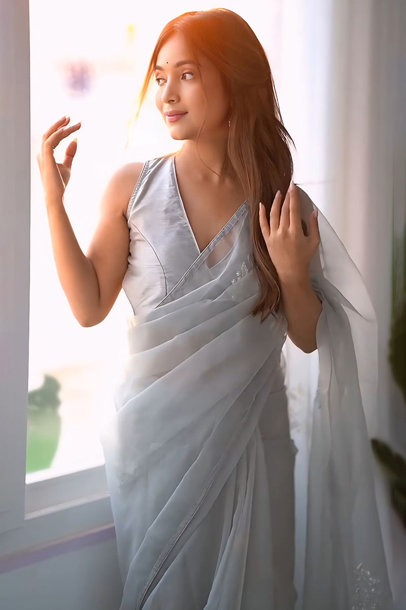 Whimsical 1-Minute Ready To Wear Grey Organza Silk Saree