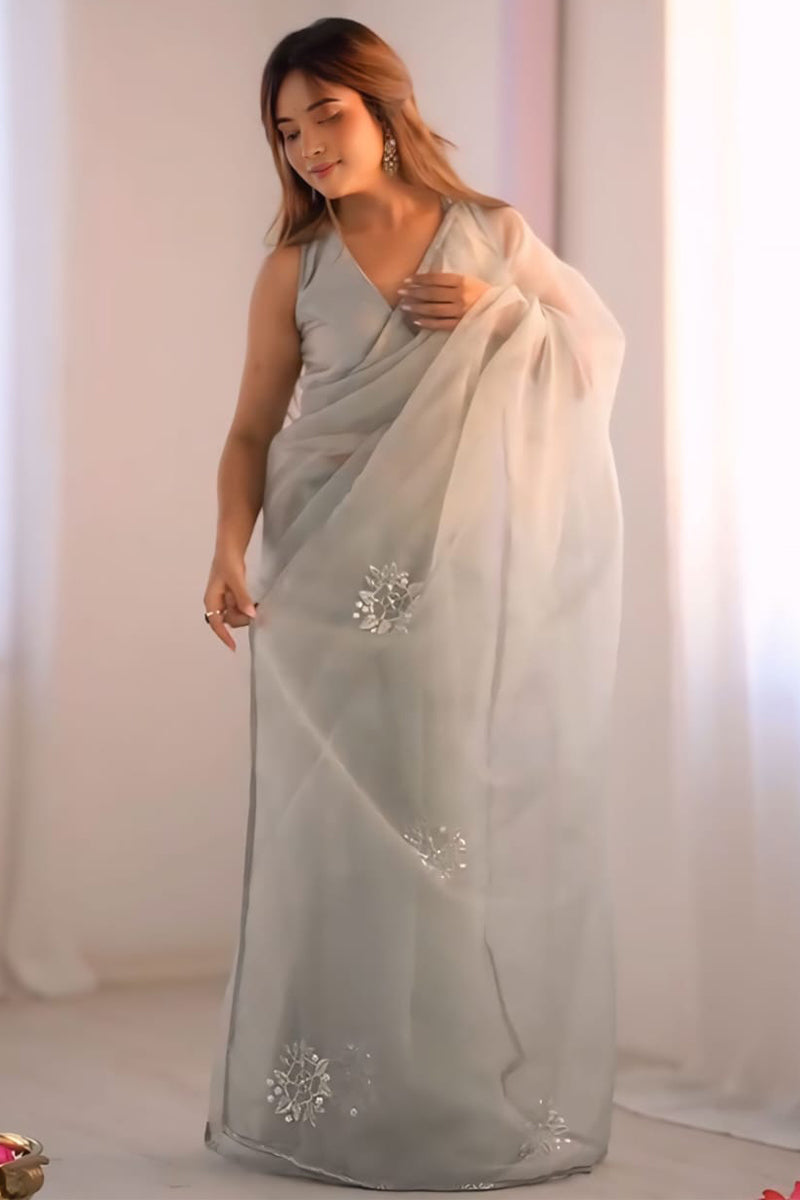 Whimsical 1-Minute Ready To Wear Grey Organza Silk Saree