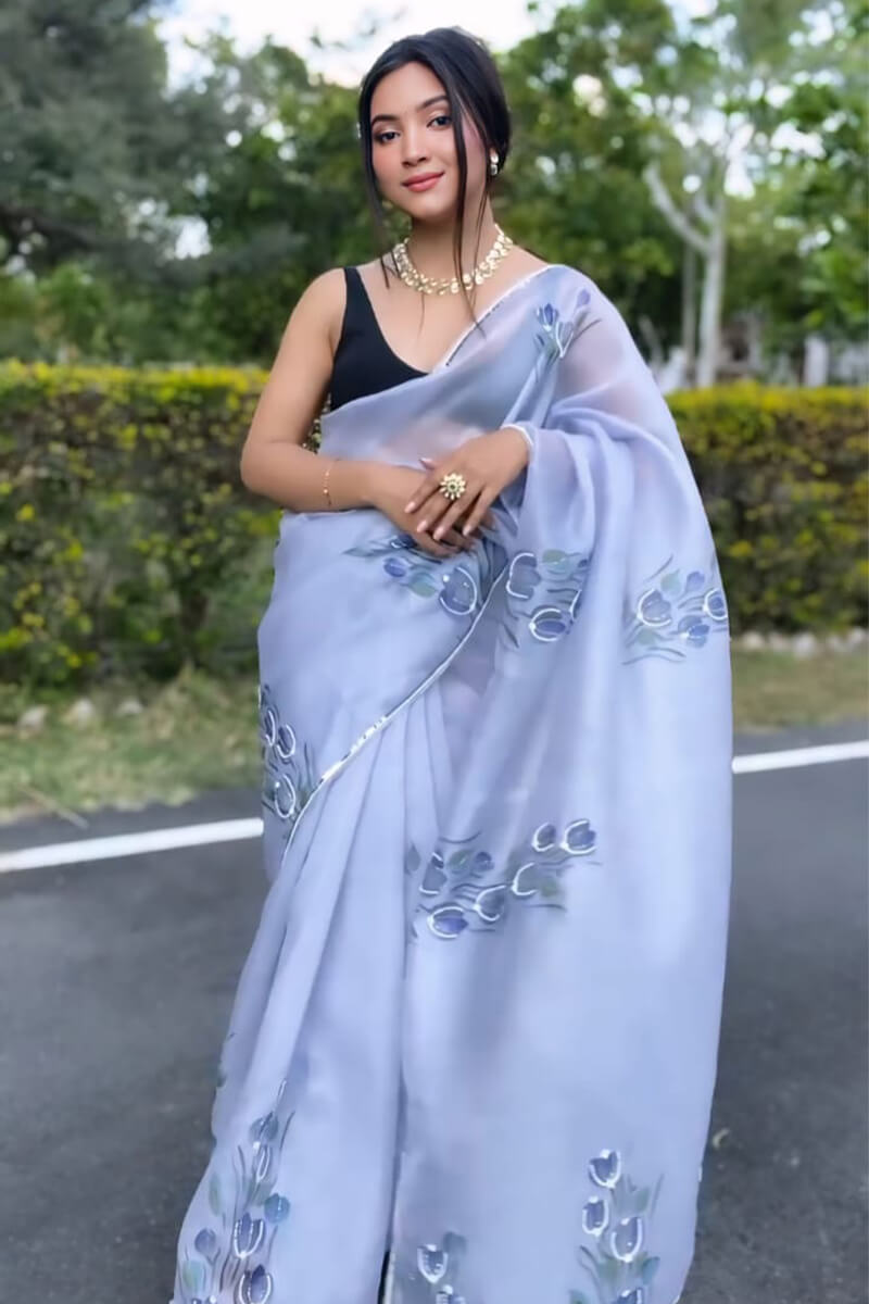 Fantabulous 1-Minute Ready To Wear Grey Organza Silk Saree