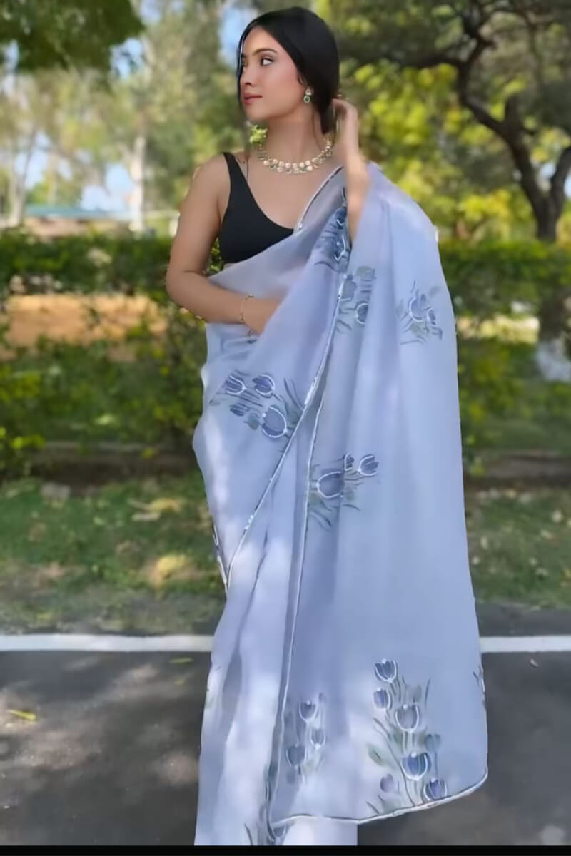 Fantabulous 1-Minute Ready To Wear Grey Organza Silk Saree
