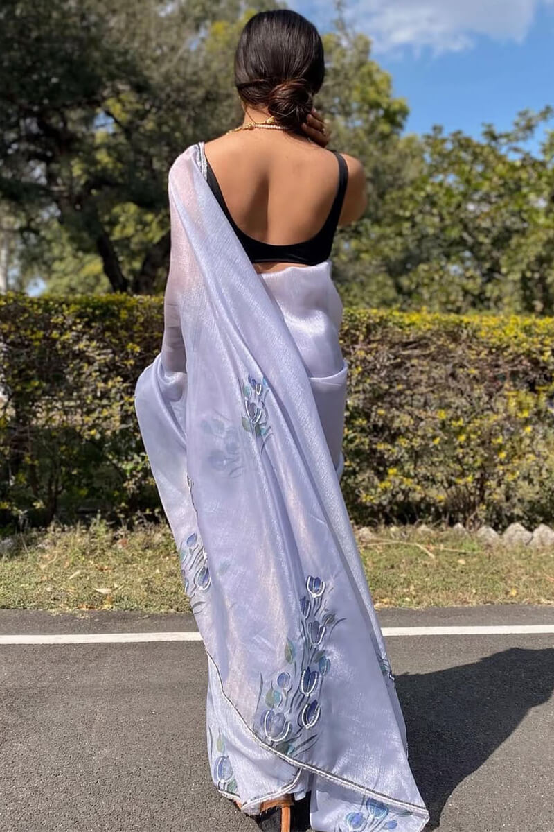 Fantabulous 1-Minute Ready To Wear Grey Organza Silk Saree