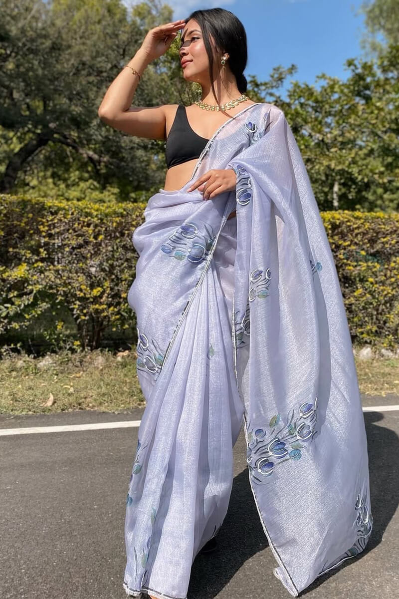 Fantabulous 1-Minute Ready To Wear Grey Organza Silk Saree