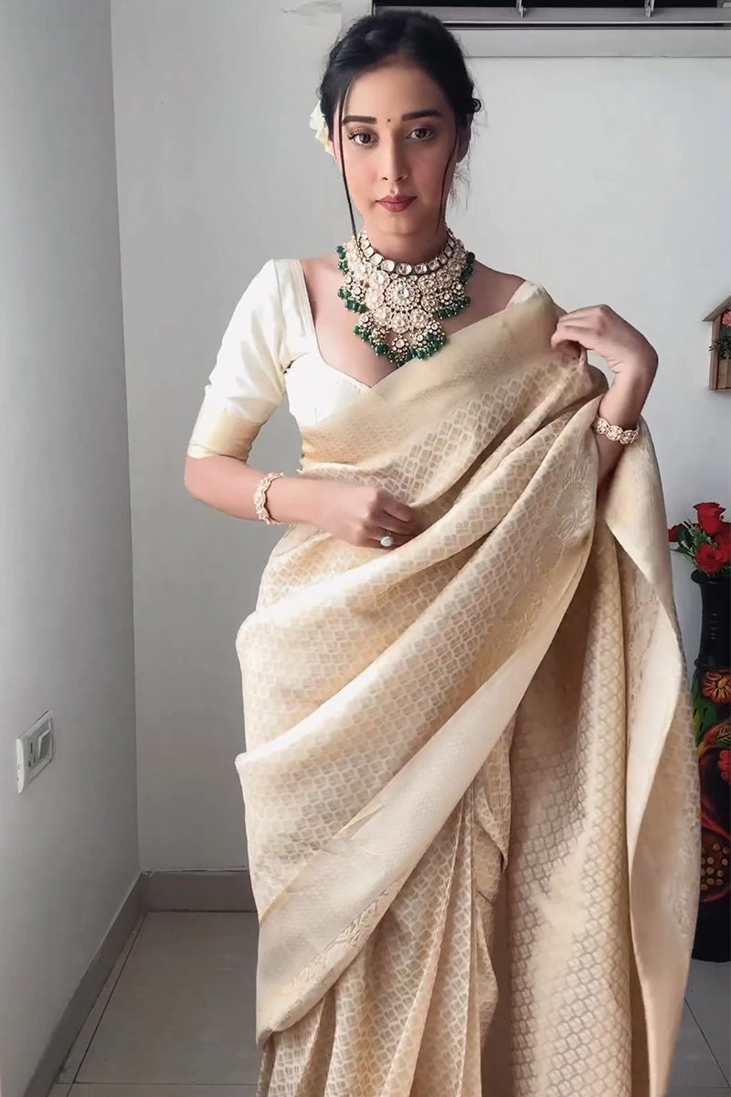 Prettiest 1-Minute Ready To Wear Beige Kanjivaram Silk Saree
