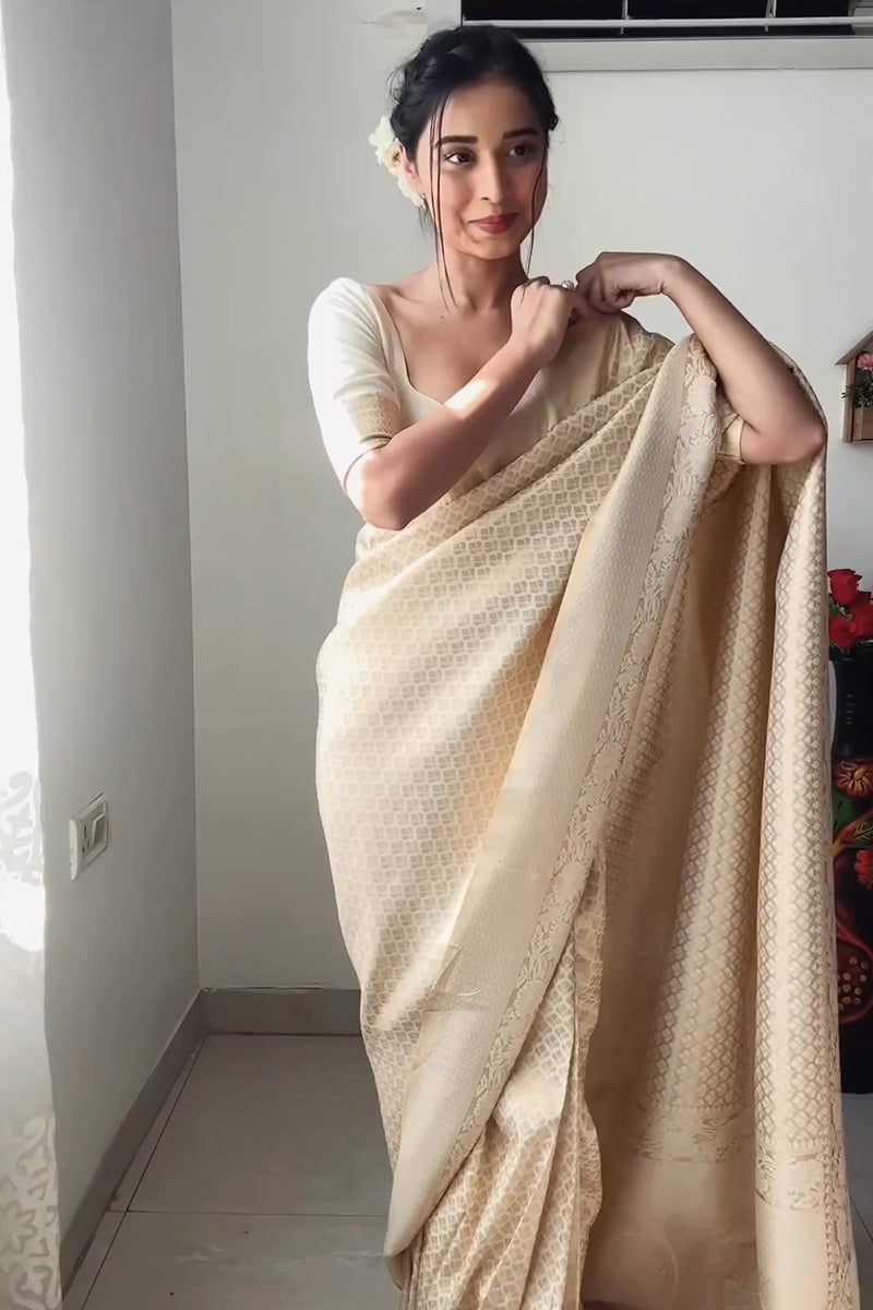 Prettiest 1-Minute Ready To Wear Beige Kanjivaram Silk Saree