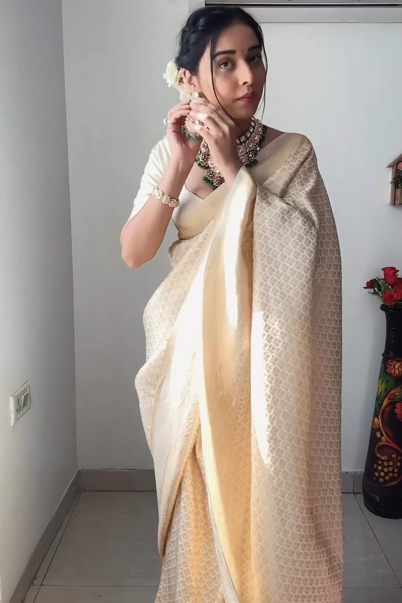 Prettiest 1-Minute Ready To Wear Beige Kanjivaram Silk Saree
